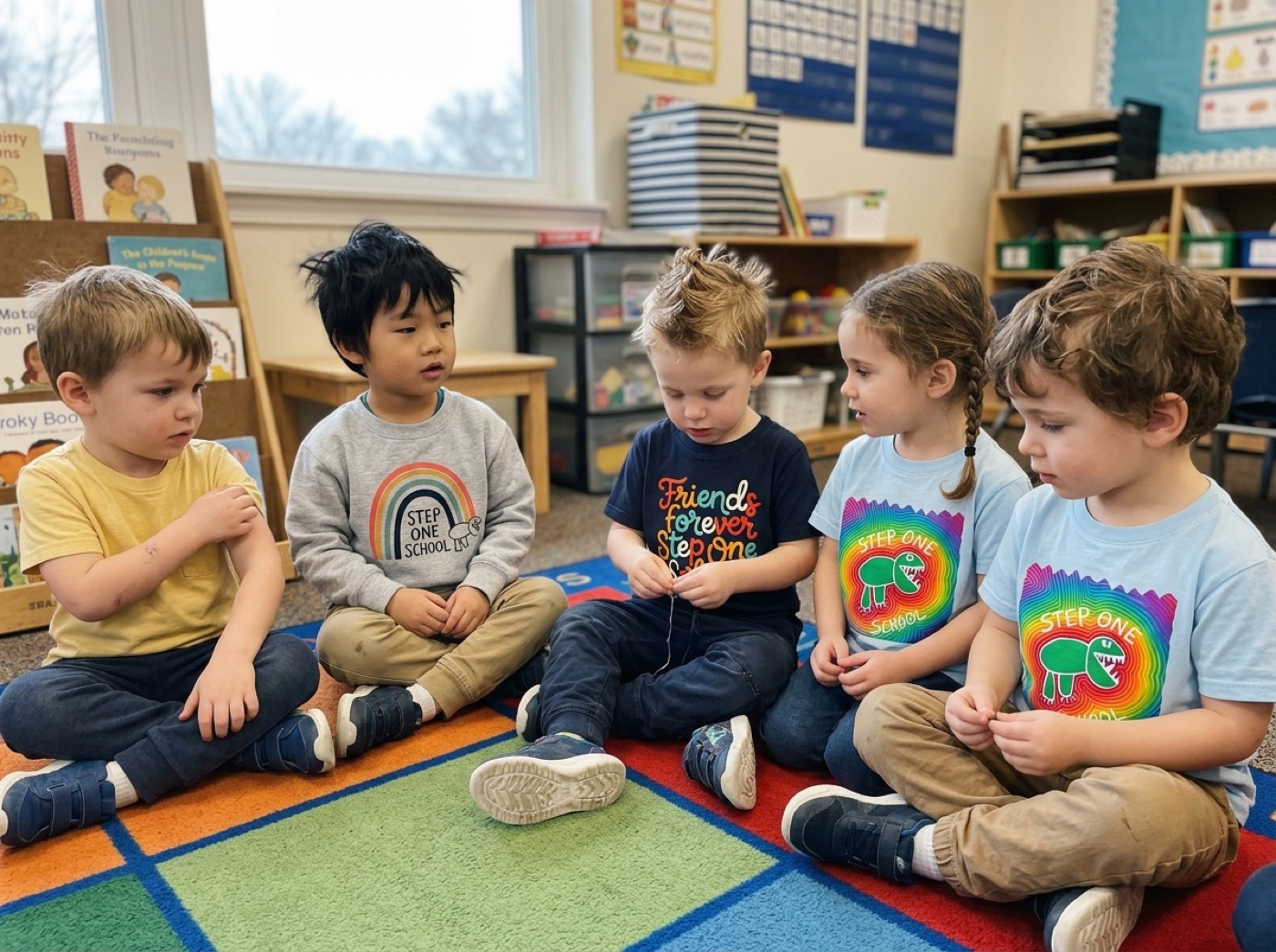 Preschoolers at circle time wearing Step One shirts