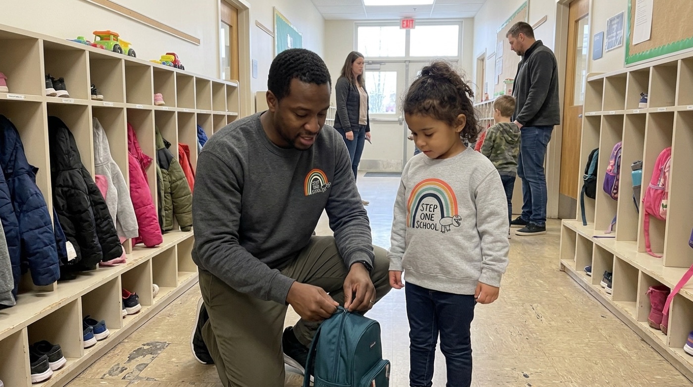 A dad in a charcoal Step One crewneck helps his daughter in a rainbow sweatshirt with her backpack at drop-off