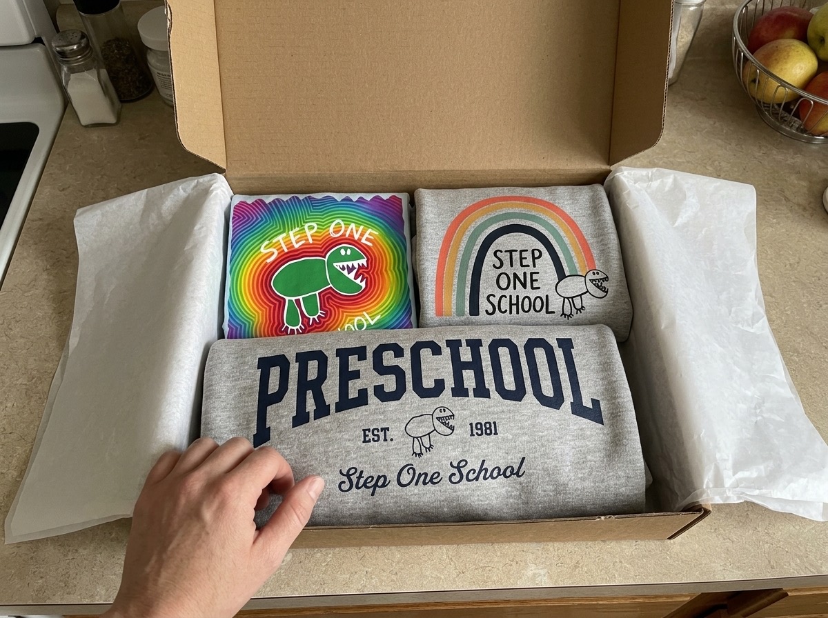 A sample box of Step One shirts opened on a kitchen counter