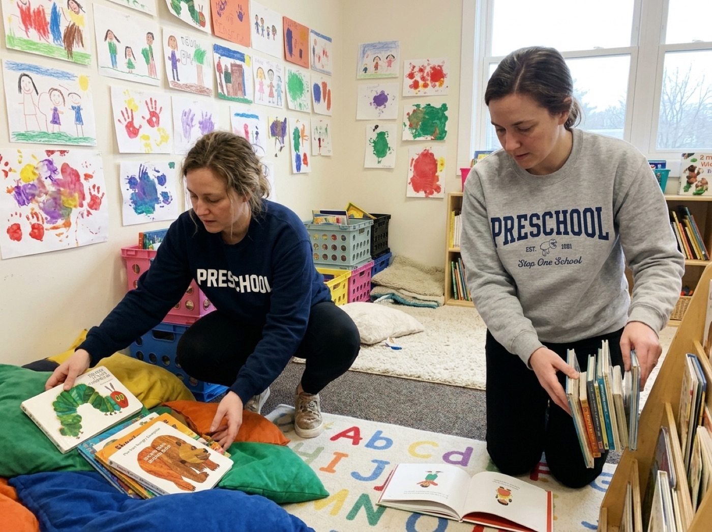 Two teachers in Step One PRESCHOOL sweatshirts in their classroom